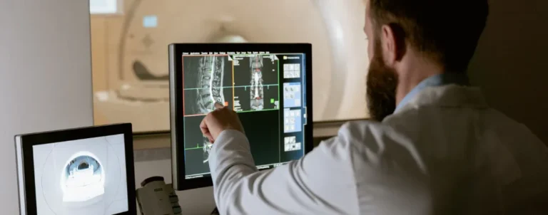 Tomografía computarizada en pantalla con el radiólogo apuntando a una parte